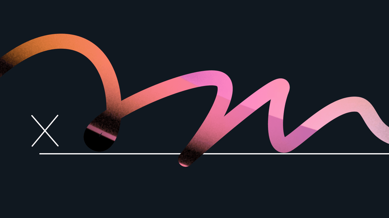 Abstract pink and orange squiggle crossing a horizontal line on a dark navy background