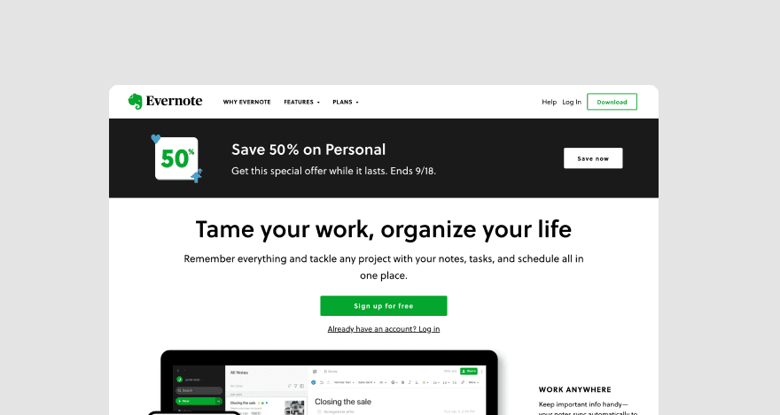 Evernote homepage