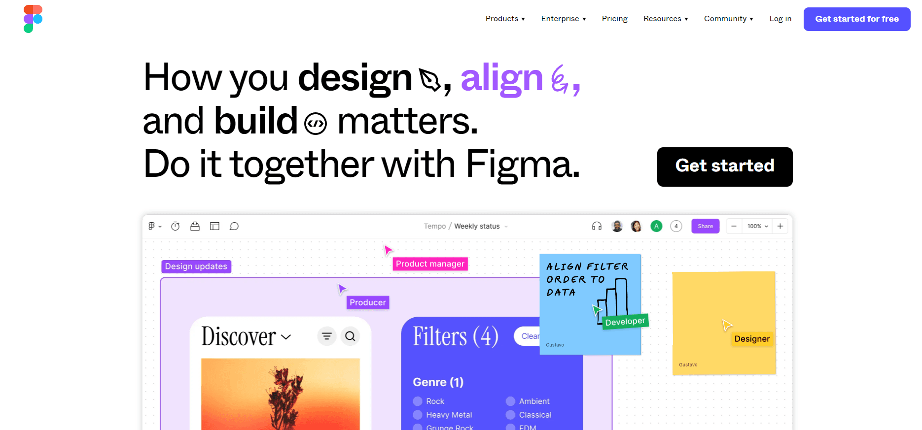 Figma's homepage reading “How you design, align and build matters. Do it together with Figma,” with a collaborative design file shown below