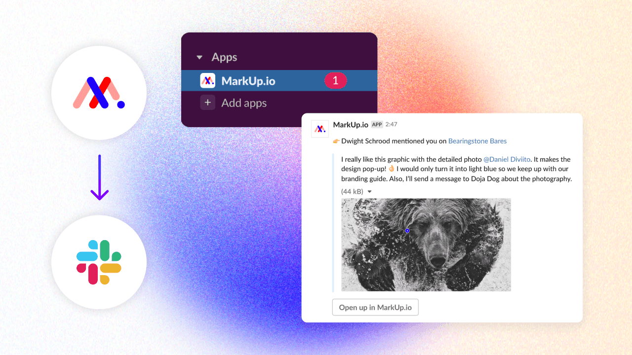 The MarkUp.io logo with an arrow pointing down to the Slack logo, beside a Slack sidebar showing MarkUp.io under Apps