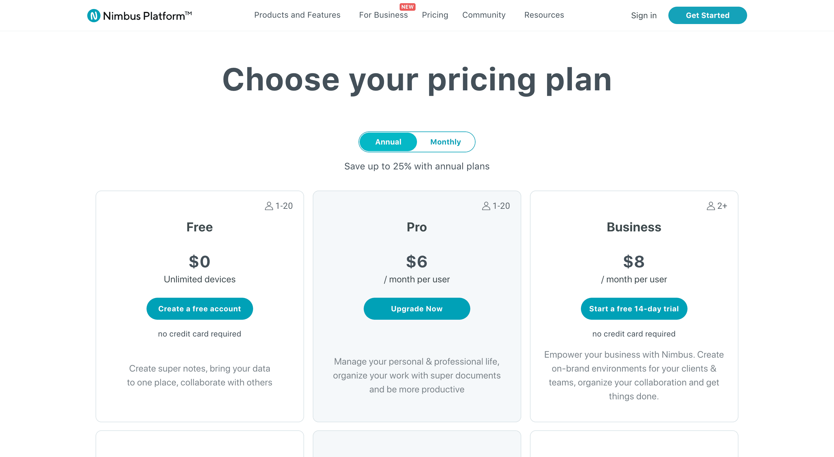 Nimbus' three pricing plans.