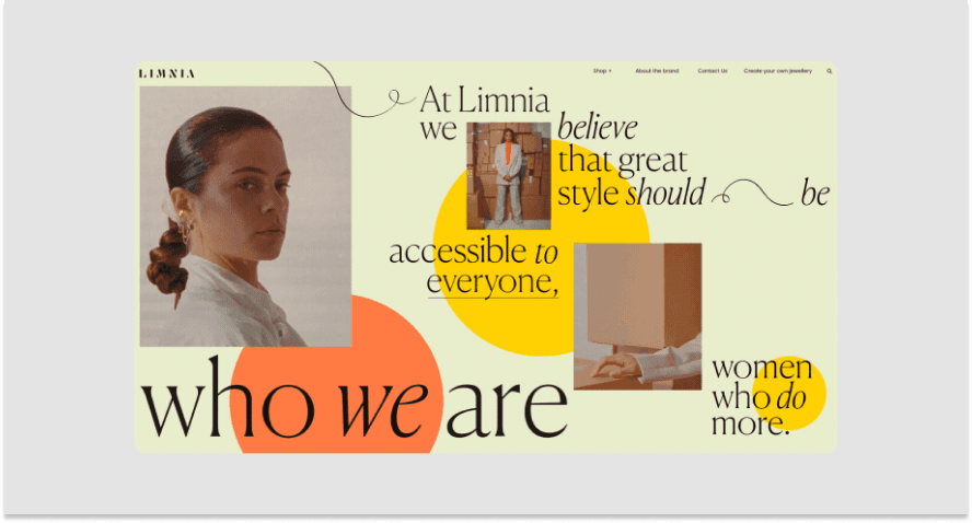 Example of an asymmetric layout on a website for a jewelry brand called Limnia.