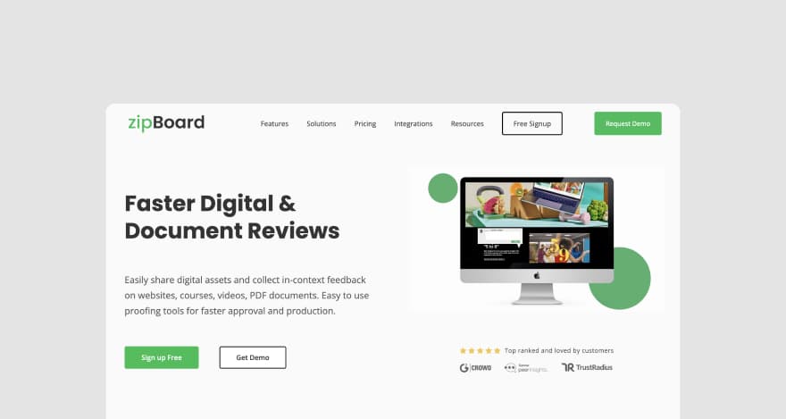 zipBoard homepage, showing its visual review and bug tracking platform for digital products.