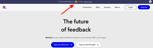 The MarkUp.io homepage with a red arrow pointing to the “Download MarkUp for Chrome” link in the top banner