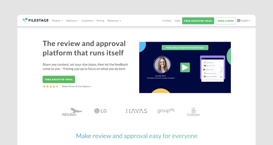 Filestage's homepage, showing its review and approval workspace for creative teams.