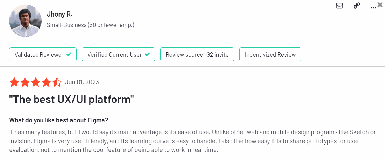 A G2 review of Figma by Jhony R., rated 4.5 stars and titled “The best UX/UI platform”
