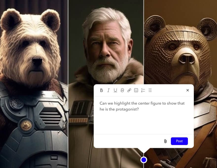 A screenshot of a comment on a website design featuring two bears and a man. It asks to highlight the center figure.