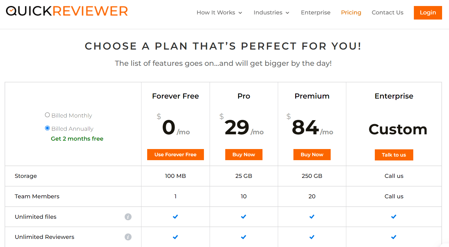 QuickReviewer pricing plans: Free, Pro ($29/month), Team ($84/month)