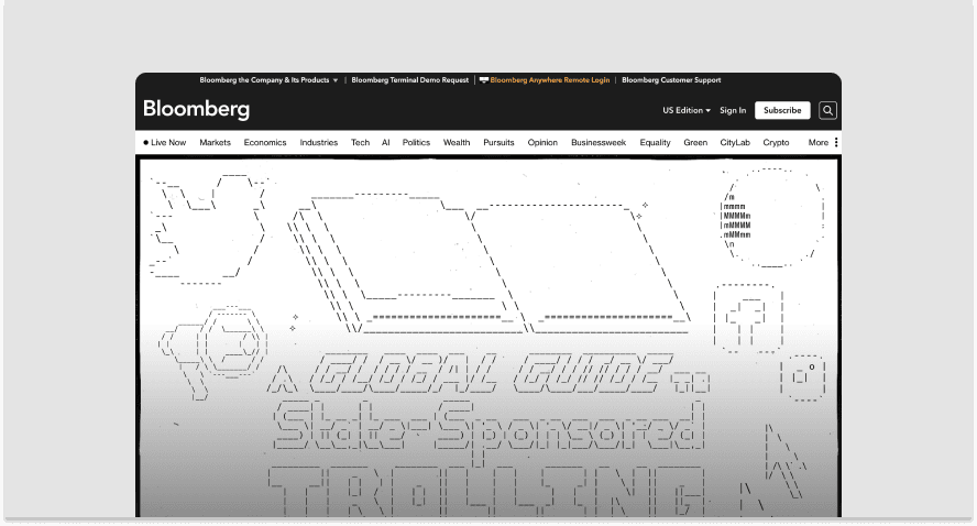 Screenshot of a Bloomberg article that features a minimalistic black and white interactive design.