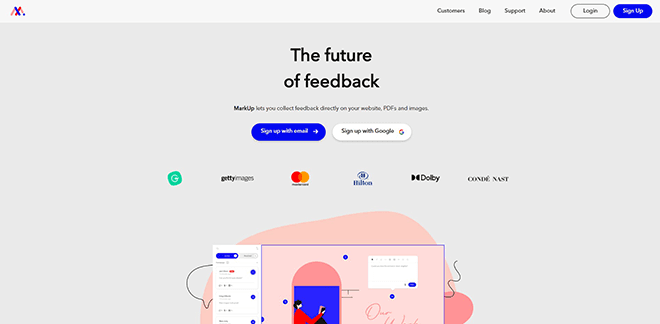 The MarkUp.io homepage, headlined “The future of feedback”, with sign-up-with-email and sign-up-with-Google buttons and customer logos for Getty Images, Mastercard, Hilton, Dolby and Condé Nast.