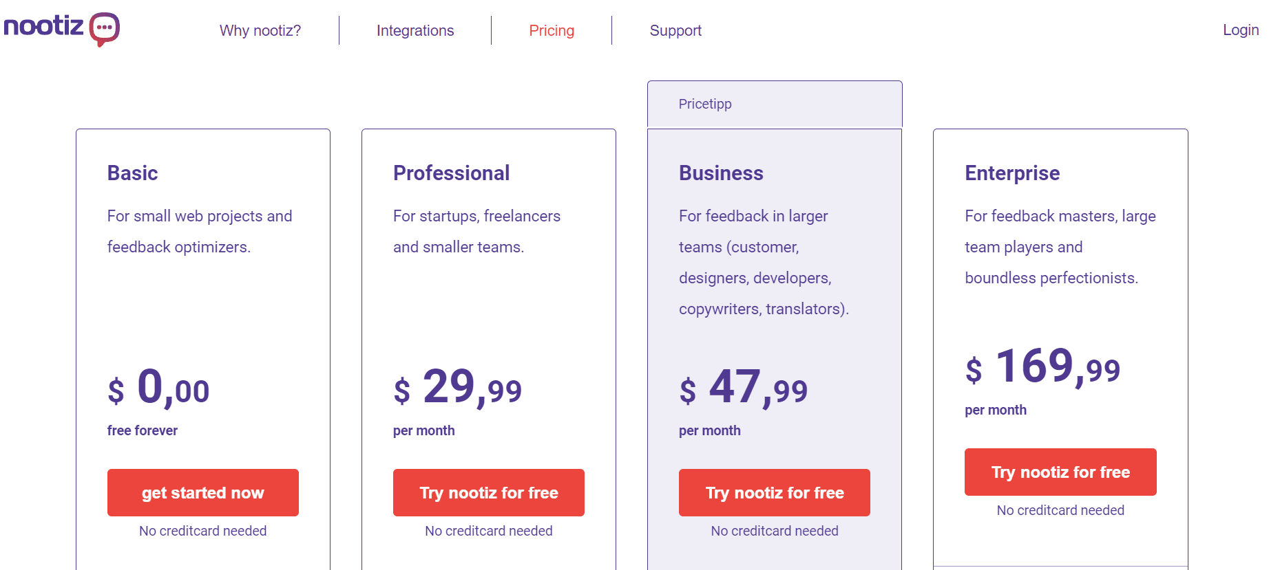 Nootiz pricing plans: Free Basic, Pro, Company