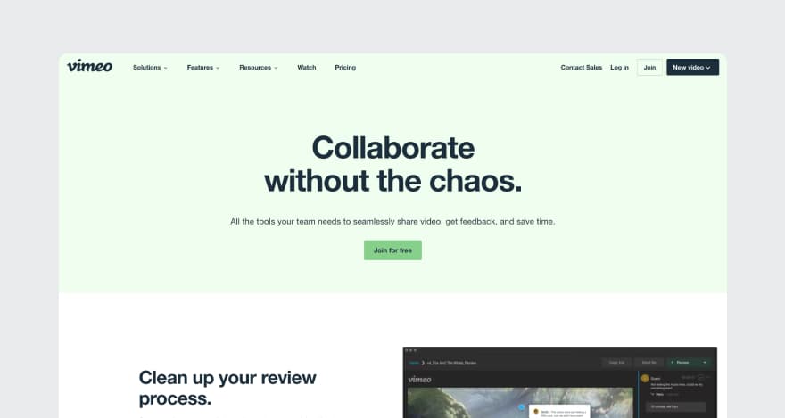 Vimeo's homepage, a Frame.io alternative.