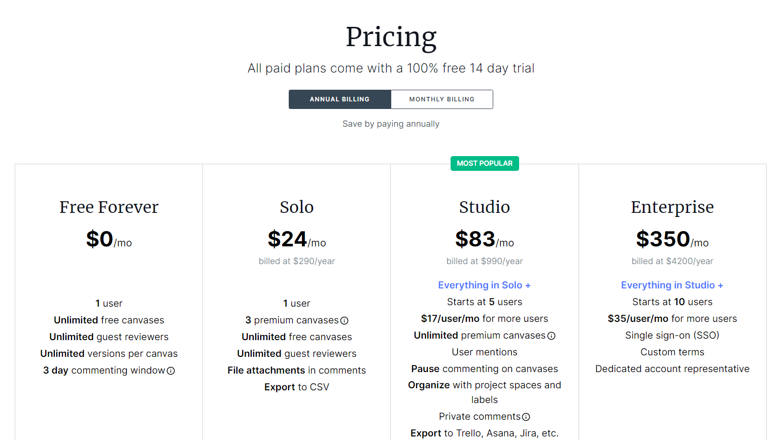 Pastel pricing plans: Free Forever (free), Solo ($24/mo), Studio ($83/mo), Enterprise ($350/mo)