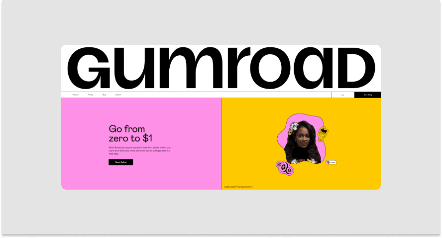 Screenshot of a design from Gumroad that showcases the neo-brutalism web design trend.