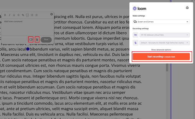 How to record a video comment with the Loom integration.