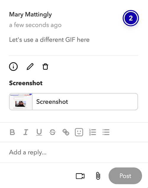 A MarkUp comment reading “Let's use a different GIF here” with an automatic screenshot attached below it