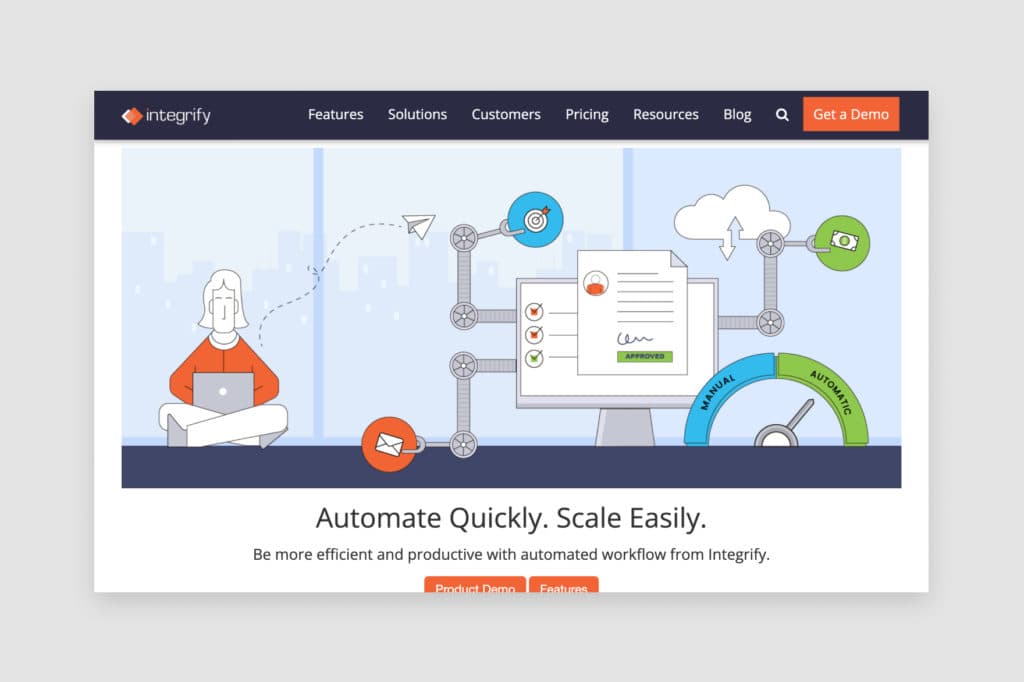 Integrify's homepage, which features an illustrated representation of automated workflows.