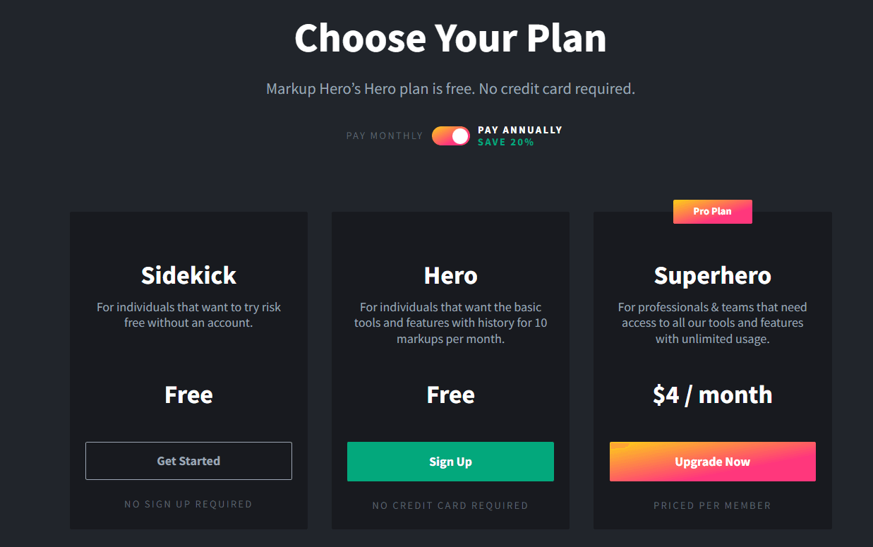 MarkUp Hero pricing plans: Sidekick (free), Hero (free), Superhero ($4/mo)