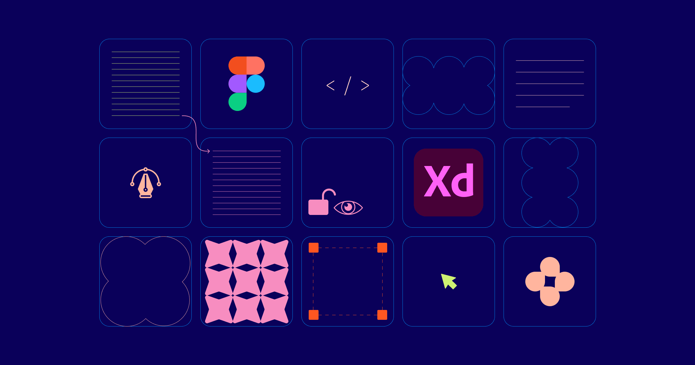 Title graphic with the Figma and Adobe XD logos among design tool icons on a dark blue background
