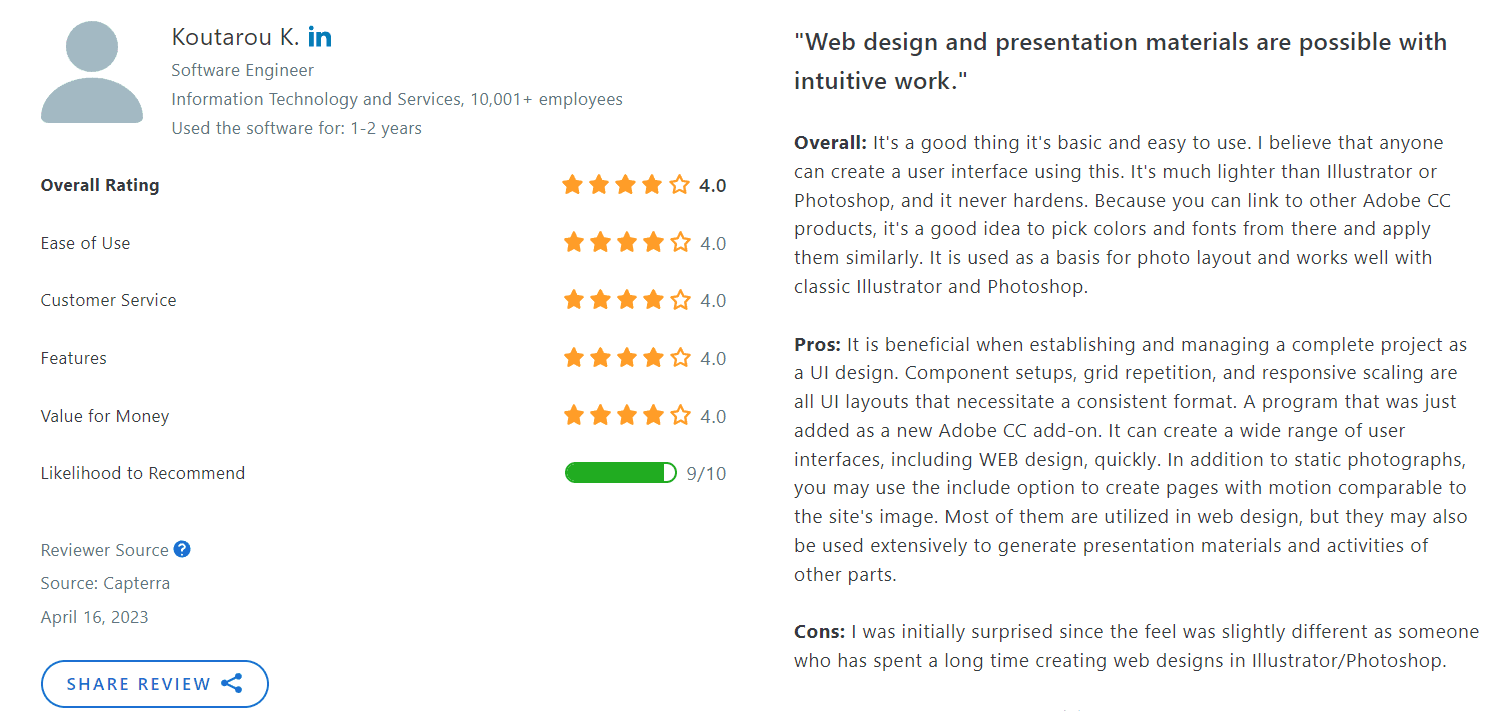 A Capterra review of Adobe XD by Koutarou K., Software Engineer, rated 4.0 overall and titled “Web design and presentation materials are possible with intuitive work”