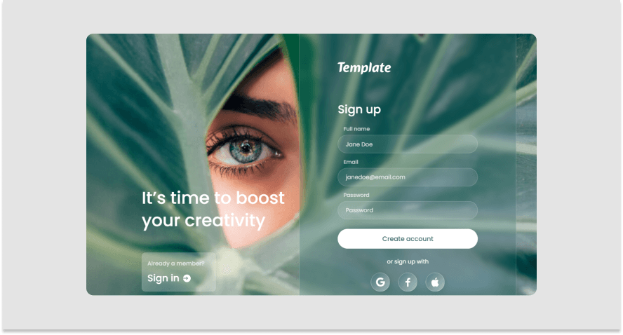 Screenshot of Glassmorphism's sign-up page.