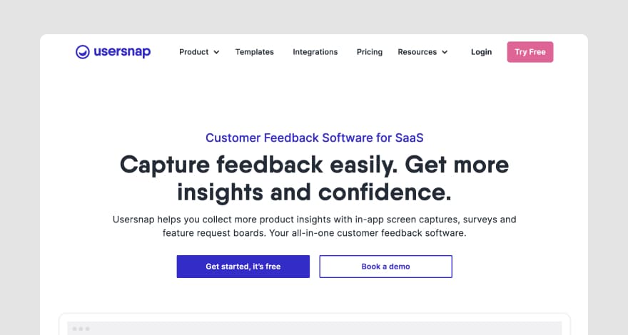 Usersnap's homepage.