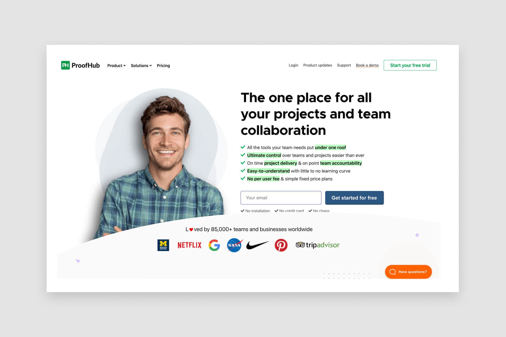 ProofHub's homepage, which shows a white smiling man next to a product description.