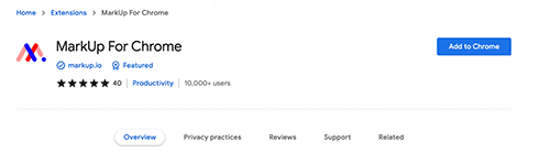 The MarkUp For Chrome listing on the Chrome Web Store, showing a five-star rating and 10,000+ users