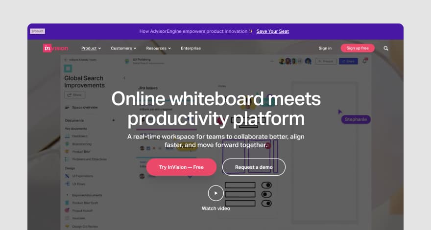InVision's homepage, showing its online whiteboard and real-time collaboration workspace.