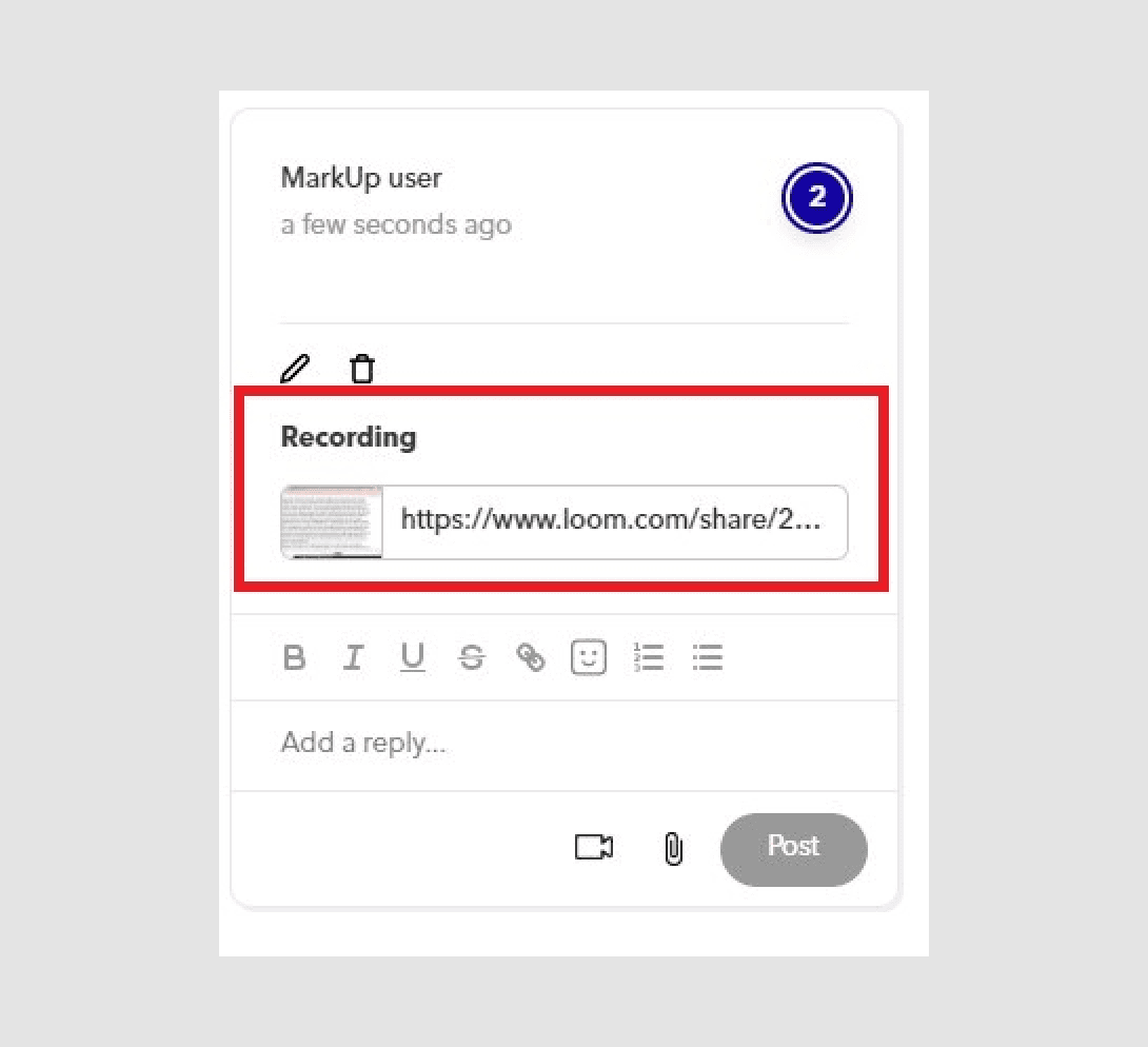 A MarkUp.io comment with a Loom recording attached, the loom.com share link highlighted in a red box