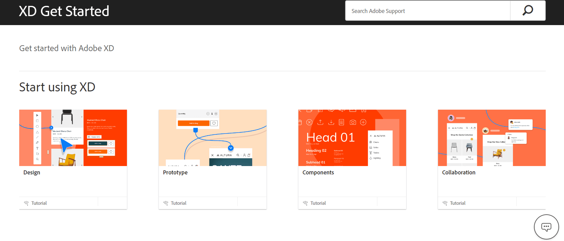 Adobe's “XD Get Started” support page with Design, Prototype, Components and Collaboration tutorial cards