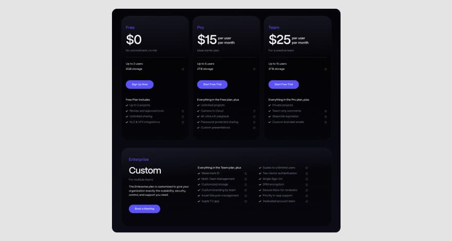 Frame.io's pricing plans: Pro ($15/mo), Team ($25/mo)
