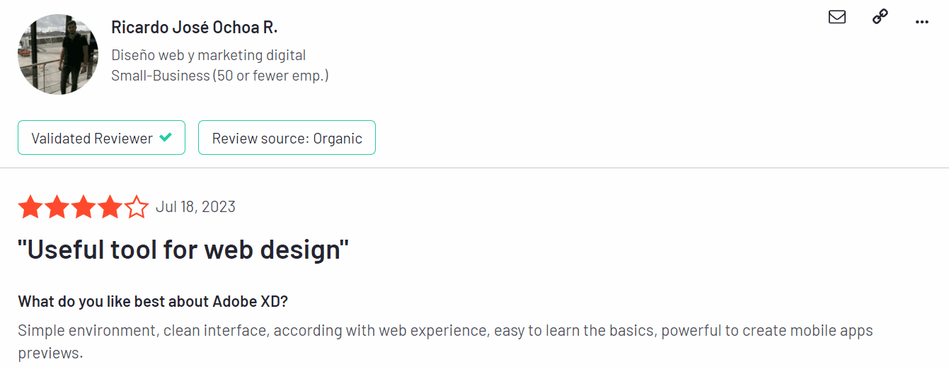 A G2 review of Adobe XD by Ricardo José Ochoa R., rated 4 stars and titled “Useful tool for web design”