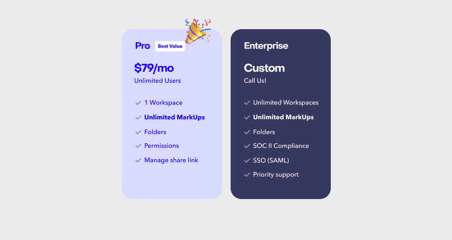MarkUp.io pricing graphic comparing the Pro and Enterprise plans.