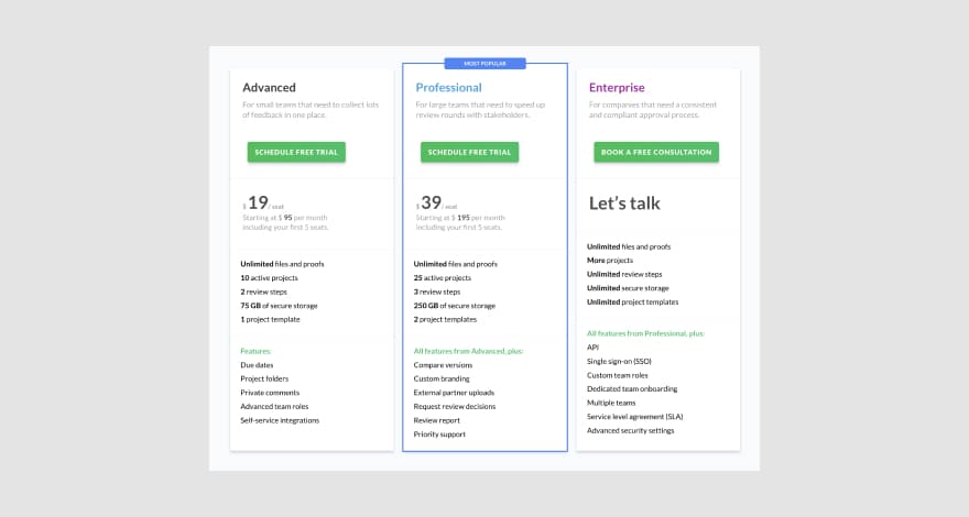 Filestage's pricing page showing its three per-user paid plans.