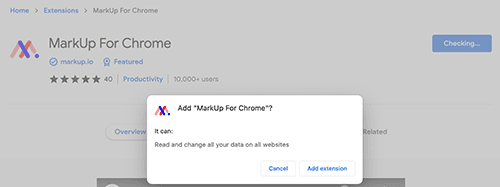 Chrome's confirmation dialog asking “Add MarkUp For Chrome?” with Cancel and Add extension buttons