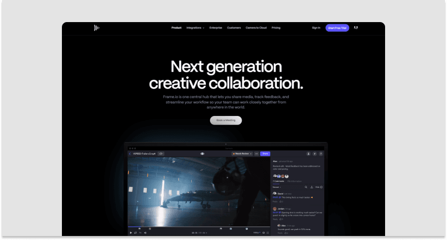 Screenshot of Frame.io's homepage in dark mode.