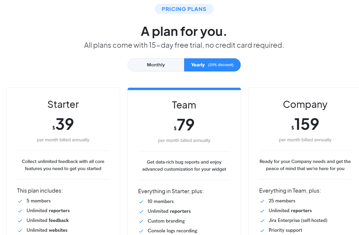 Marker.io's pricing plans: Starter ($39/mo), Team ($99/month), Company ($259/month)