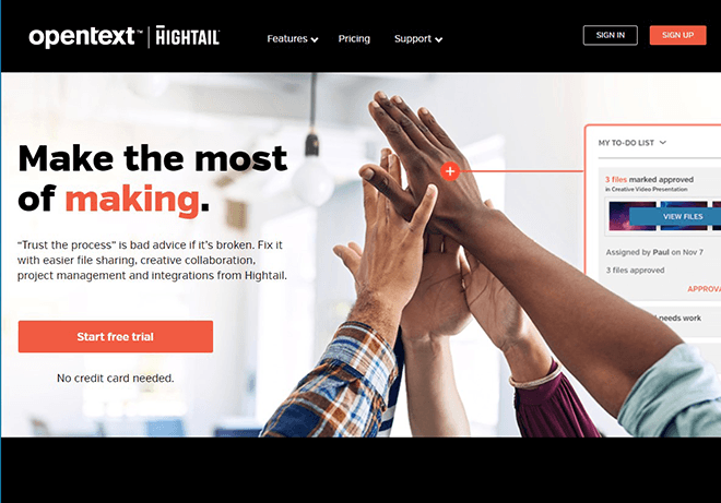 Hightail's homepage.