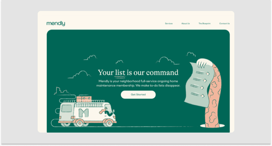 Screenshot of the Mendly homepage, an example of digitized hand-drawn art by Ramy Wafaa.