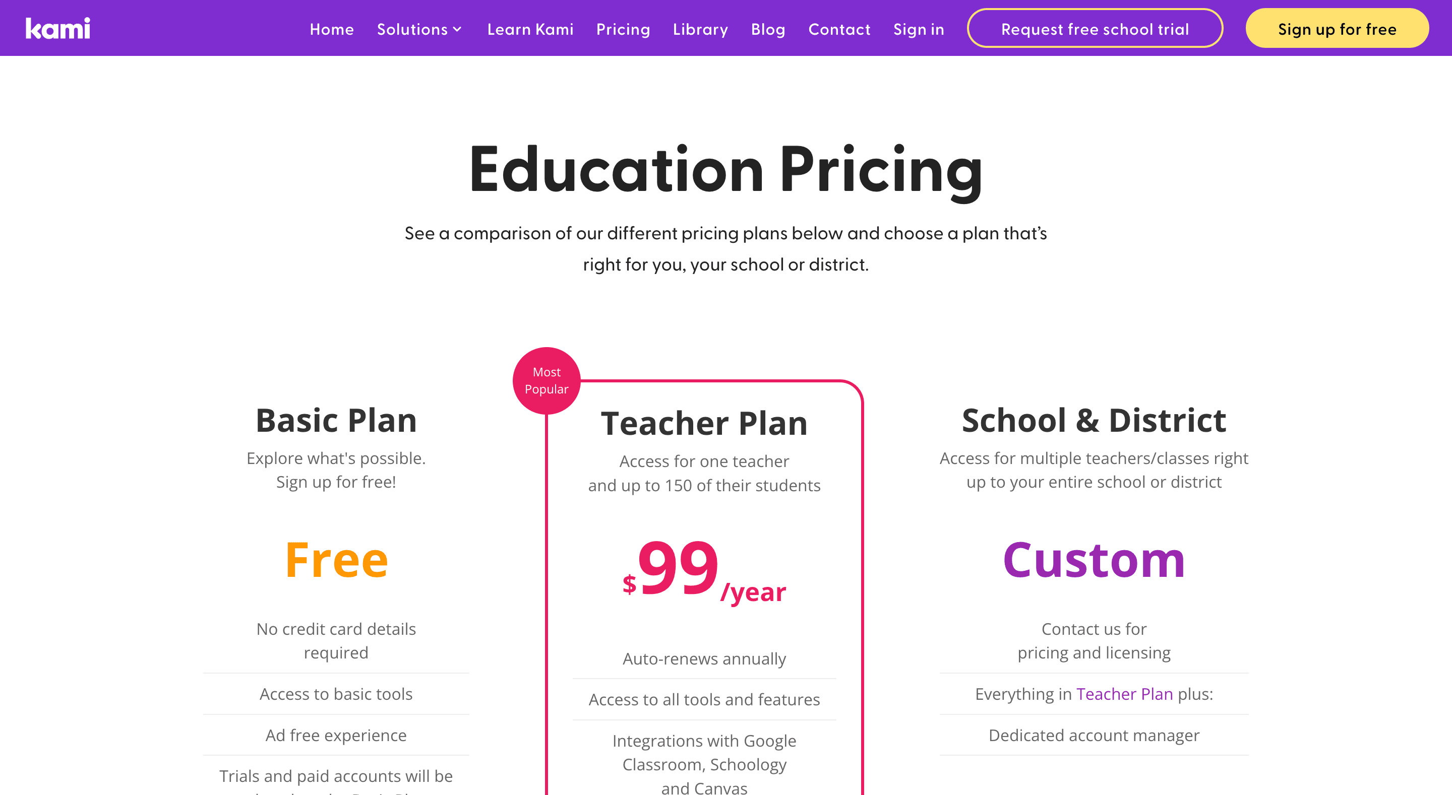 Kami's three pricing plans.