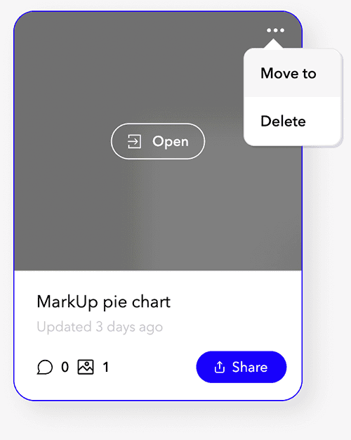 A MarkUp preview card with the three-dot menu open, showing the Move to and Delete options