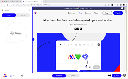 A Website MarkUp open in MarkUp.io with a comment box and formatting toolbar over a blog page