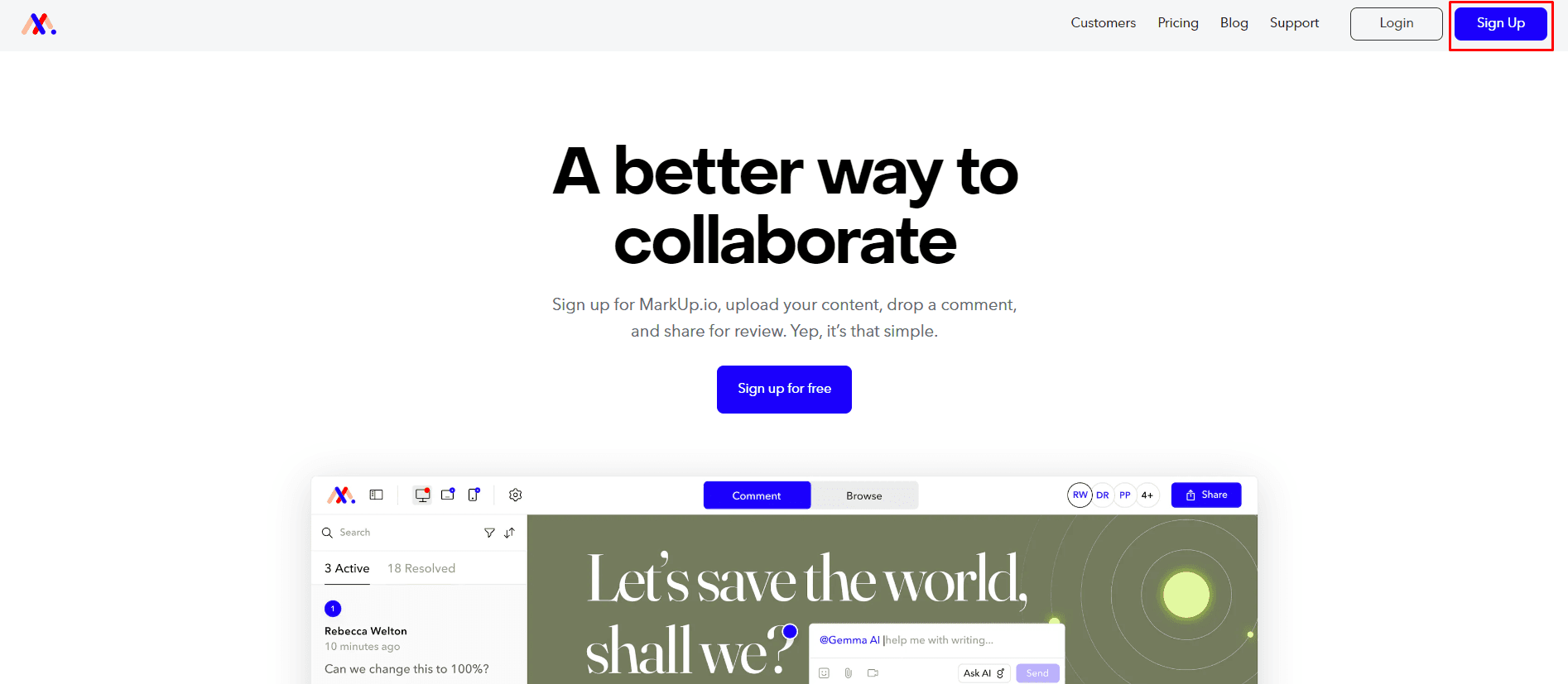 The MarkUp.io homepage with the Sign Up button in the top right corner