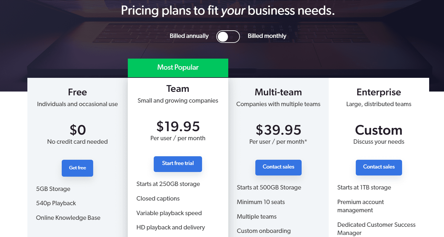 Wipster's pricing plans: Team ($19.95/mo), Multi-team ($39.95/mo), Enterprise (custom)