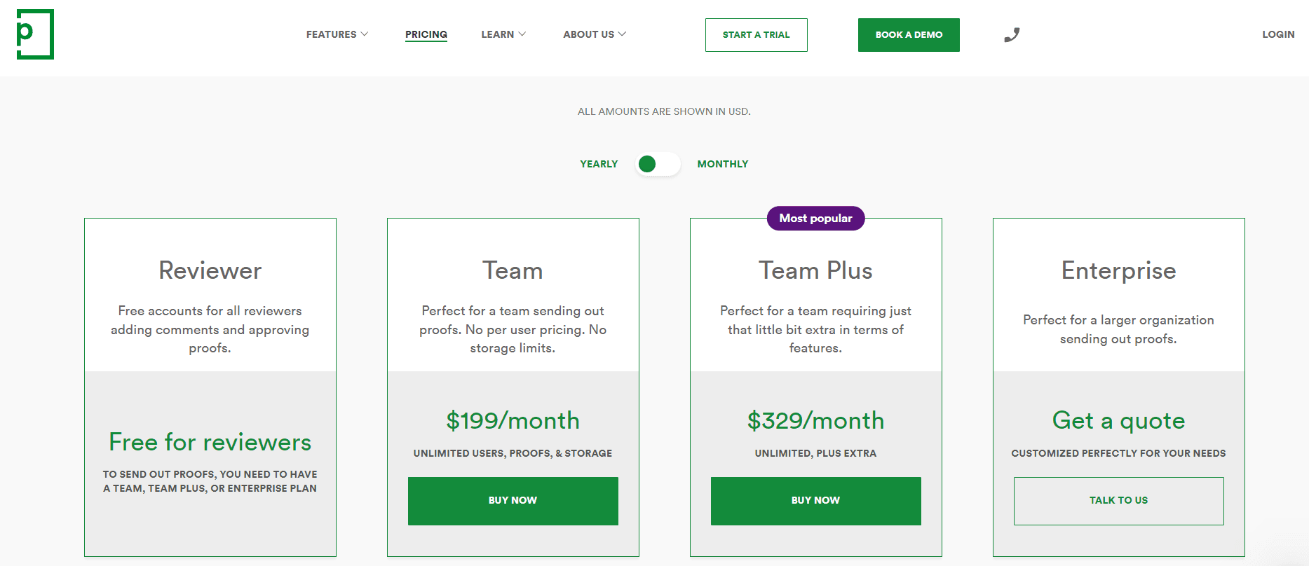 PageProof's pricing plans: Team ($249/mo), Team Plus ($399/mo), Enterprise (custom)