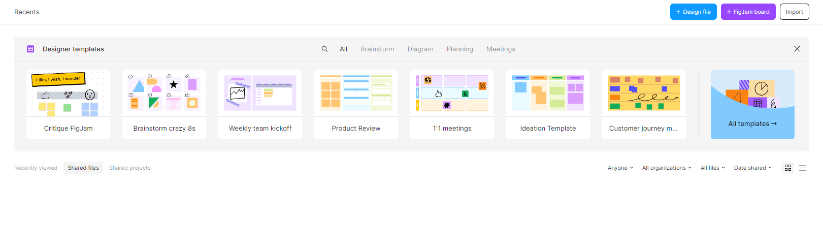 Figma's Recents dashboard showing designer templates including Critique FigJam, Brainstorm crazy 8s and Weekly team kickoff