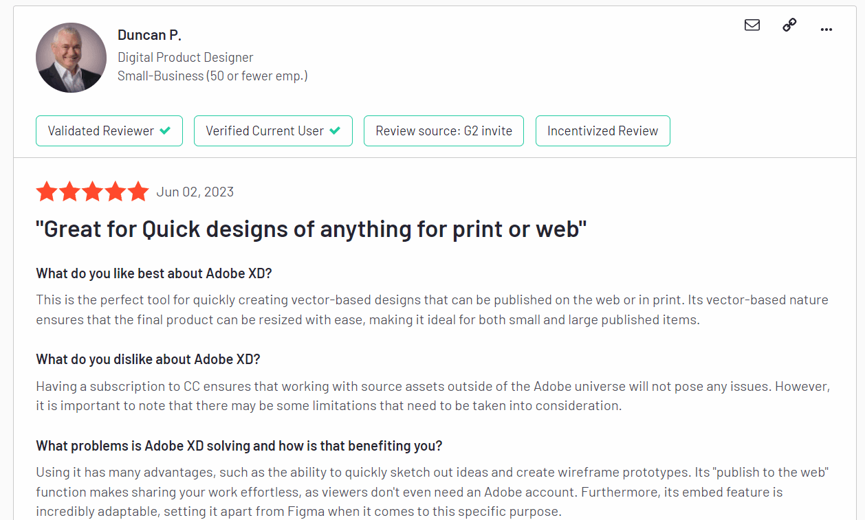 A G2 review of Adobe XD by Duncan P., rated 5 stars and titled “Great for Quick designs of anything for print or web”