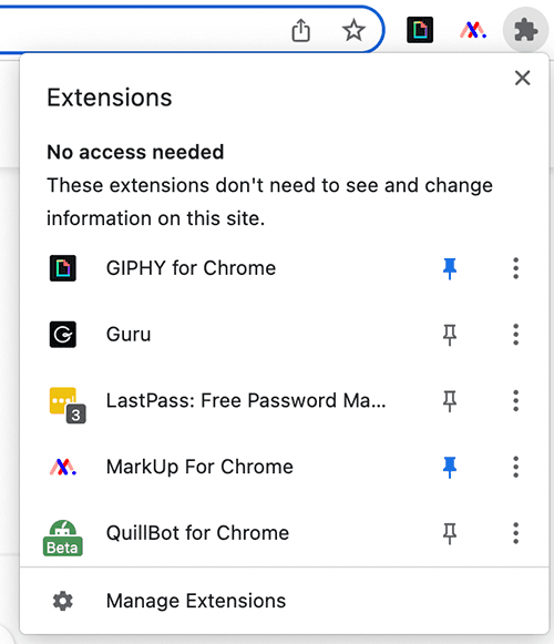 Chrome's Extensions menu listing MarkUp For Chrome pinned to the toolbar alongside other extensions