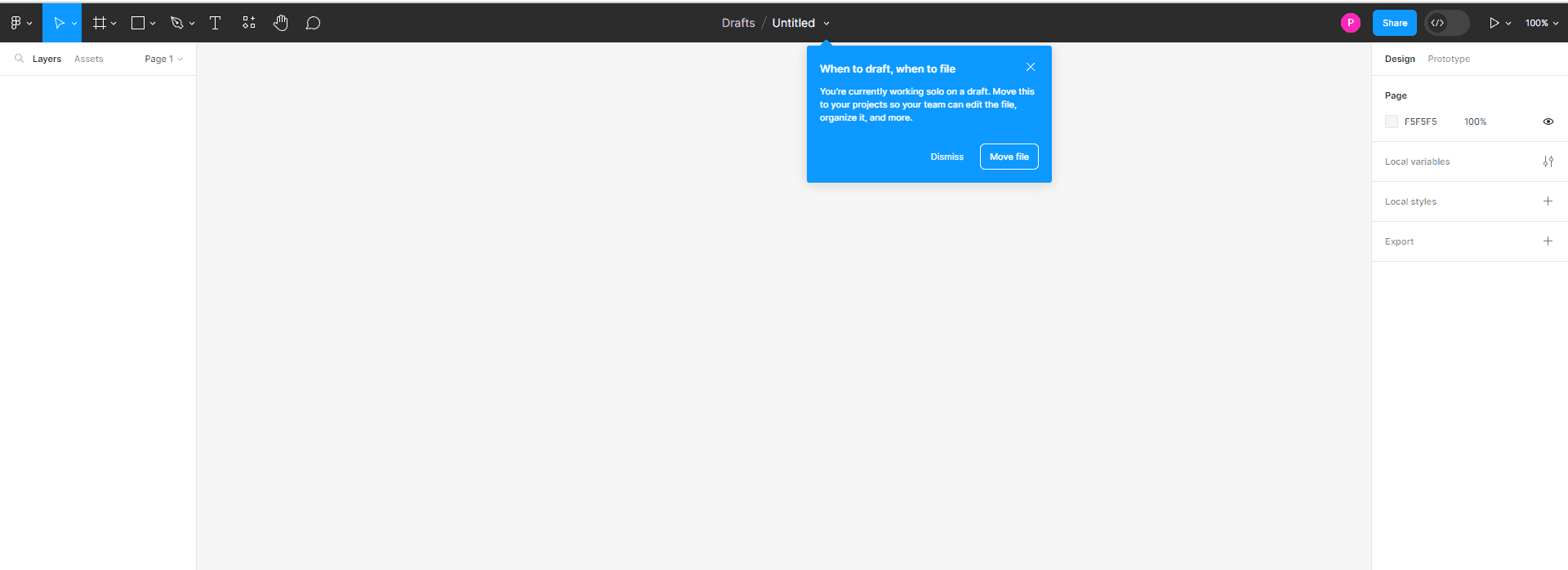 An empty Figma design file with the Layers panel on the left, the Design panel on the right and a “When to draft, when to file” tooltip